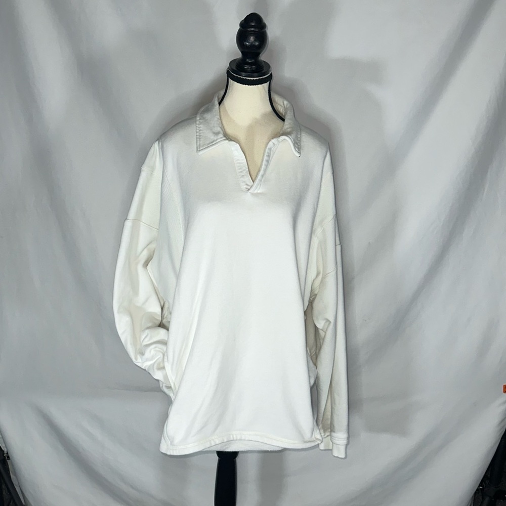 FP Movement Free People White French Terry V-Neck Oversized Polo Sweatshirt Lg - Picture 2 of 15
